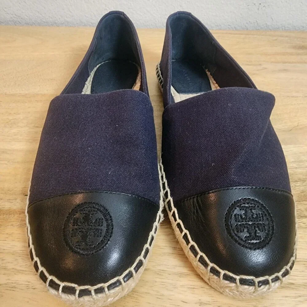 Tory Burch Shoes Womens Size 8 Navy Black Espadrille Flats Leather Cap Toe Logo